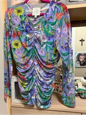 Johnny Was Lavender Multicolor Floral Long Sleeve Mesh Tee